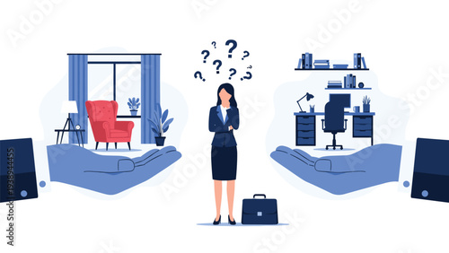 Career woman making a difficult choice between home life comfort and professional office work duties for balance.