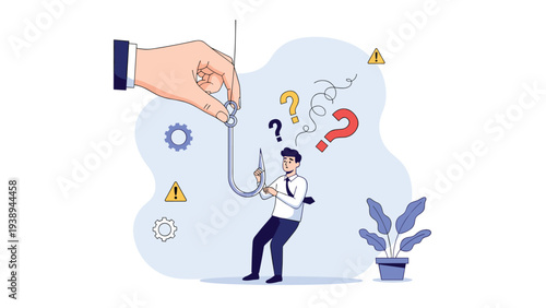 Confused businessman looking at a giant fishing hook held by a large hand representing a dangerous job market trap.