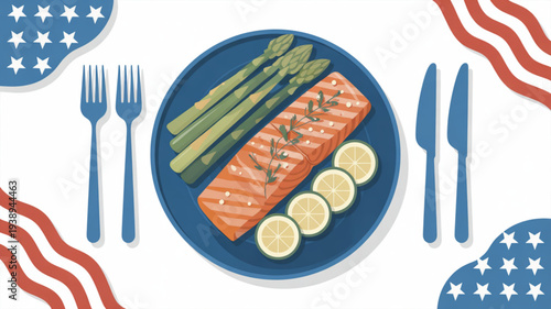 Grilled salmon fillet with asparagus and lemon slices on a blue plate with american flag design elements