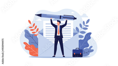 Corporate communication concept with businessman holding a large blue pen in front of an open mail envelope.