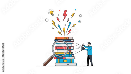 Knowledge and research concept with man using magnifying glass to study a tall stack of colorful books for education.