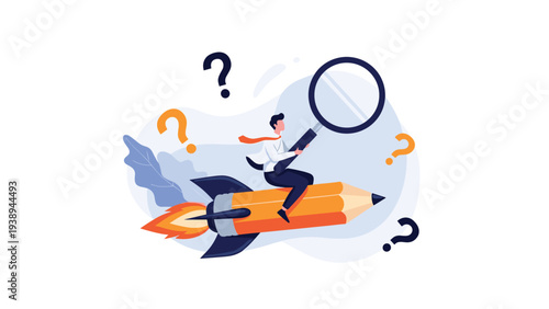 Creative search for ideas concept showing man riding a pencil rocket through question marks with magnifying glass.