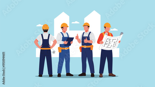 Construction workers and architects standing together in front of a modern city building silhouette for teamwork.