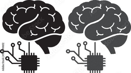 The intersection of human cognition and artificial intelligence represented through brain and chip imagery