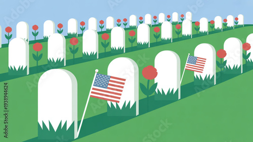Patriotic american cemetery scene with flags and flowers on white headstones