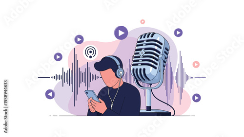 Man wearing headphones listening to a digital podcast on his phone with a vintage microphone nearby for audio.