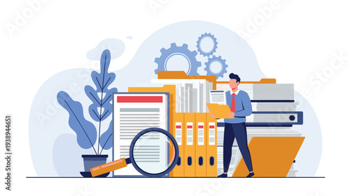 Professional man organizing a massive collection of folders and documents with the help of a magnifying glass.