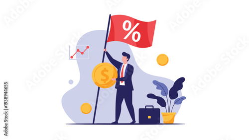 Businessman holding a large gold coin next to a red flag with a percent symbol for interest rates and finance.