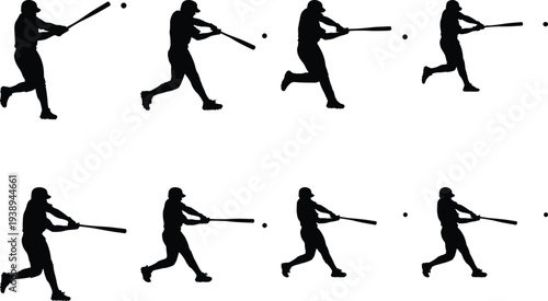 Silhouette of a baseball player in action, swinging a bat at a ball, captured in multiple frames to show movement and technique.