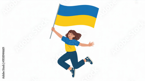Woman jumping with ukrainian flag symbolizing freedom patriotism and national pride on a white background