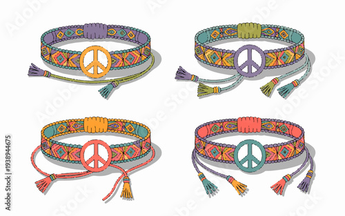 Colorful woven peace sign bracelets with tassels in purple green orange and pink on white background