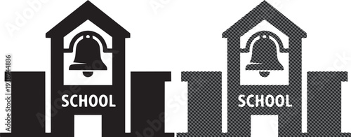 Two black and white school buildings with a bell tower each labeled school