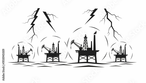Offshore oil rigs enduring a storm with lightning, symbolizing environmental risks, industrial challenges, and the precarious nature of energy extraction