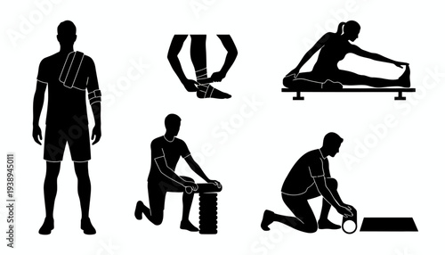 Set of Icons Representing Physical Therapy and Rehabilitation Exercises for Wellness and Recovery