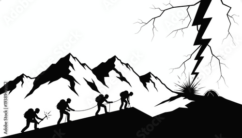 Silhouette of climbers ascending a mountain against a dramatic backdrop of a lightning strike