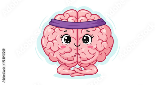 Cute cartoon brain character meditating in a yoga lotus pose with a purple headband.