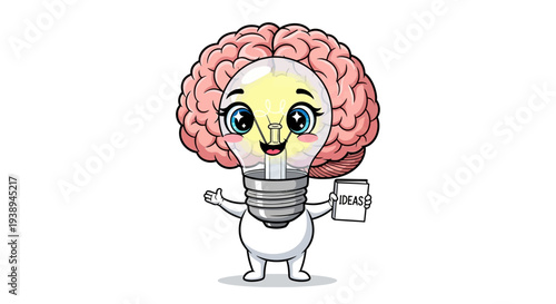 Cute cartoon brain light bulb character holding 'IDEAS' paper