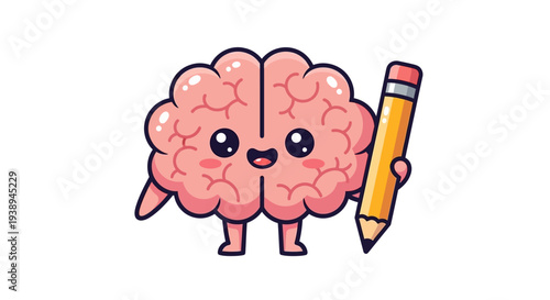 Cute cartoon brain character holding a yellow pencil