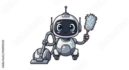 Cute Cartoon Cleaning Robot Mascot with Vacuum and Feather Duster