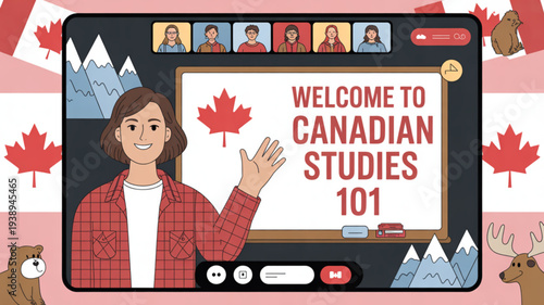 Cartoon woman teaching canadian studies online with video conferencing software canadian flag and maple leaf elements around her on a pink and white background
