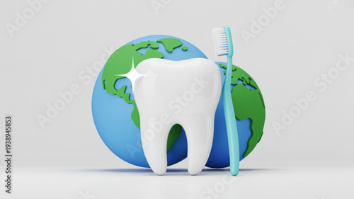 White tooth and blue toothbrush standing in front of a 3d globe symbolizing global oral hygiene and dental care on a clean white background