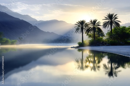 Oasis with palm trees reflecting in tranquil lake at sunrise
