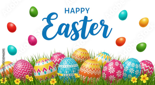 Festive Easter Eggs on Green Grass for Spring Holiday Marketing and Web Design Joyful Celebration