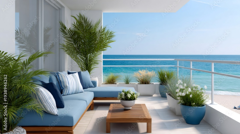 Obraz premium Balcony ocean view with modern patio furniture
