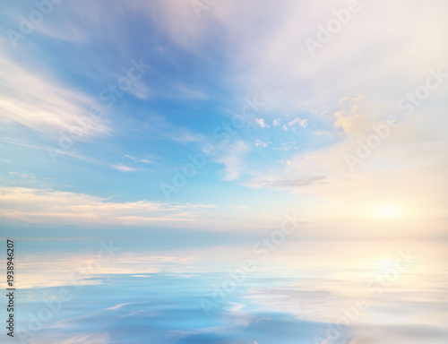 Photography A serene high-key seascape with soft pastel clouds reflecting on a mirror-like w