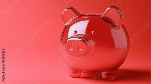 A transparent red piggy bank isolated on a vibrant red background representing personal finance and saving money.
