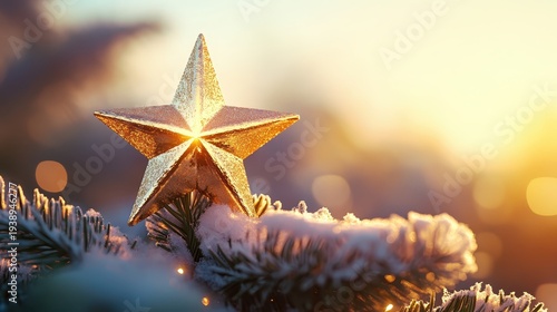 A glowing golden star ornament shines brightly atop a snowy Christmas tree branch during a winter evening.