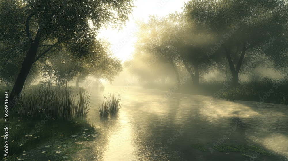 Fototapeta premium A tranquil misty lake scene at dawn with soft sunlight filtering through trees