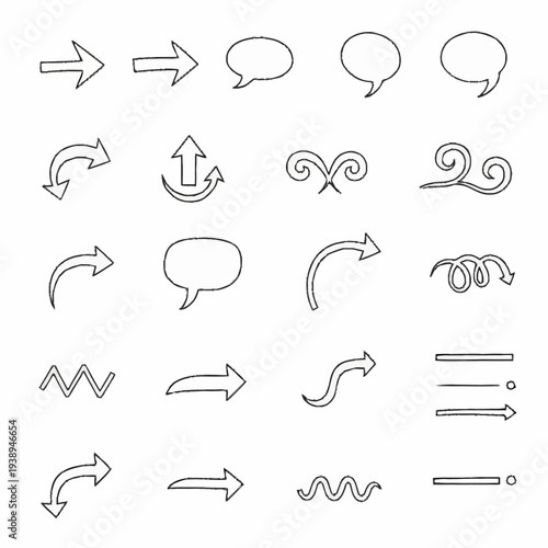 Hand drawn doodle arrows and speech bubbles set.