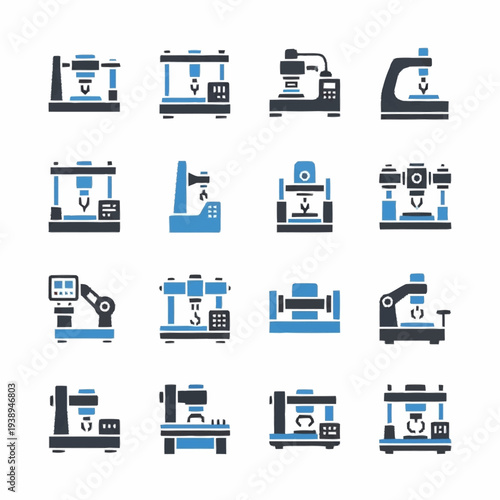 Industrial CNC machine tools and 3D printer icons set.