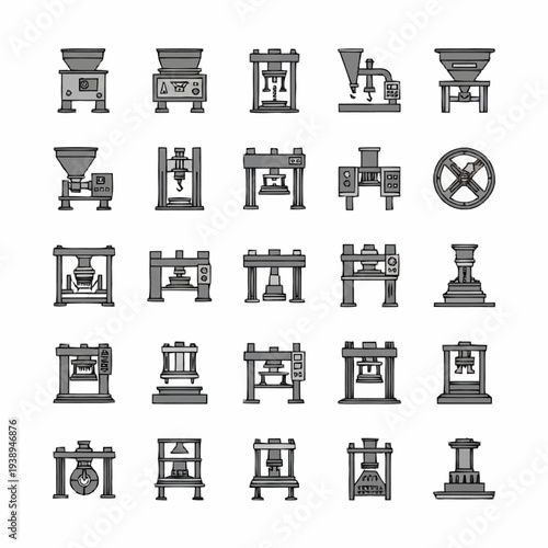 Industrial machinery and equipment icon set for manufacturing processes.