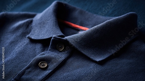 cuff. Navy polo shirt laid flat, highlighting its detailed ribbed collar and cuffs under clean studio lighting. product launch decks.