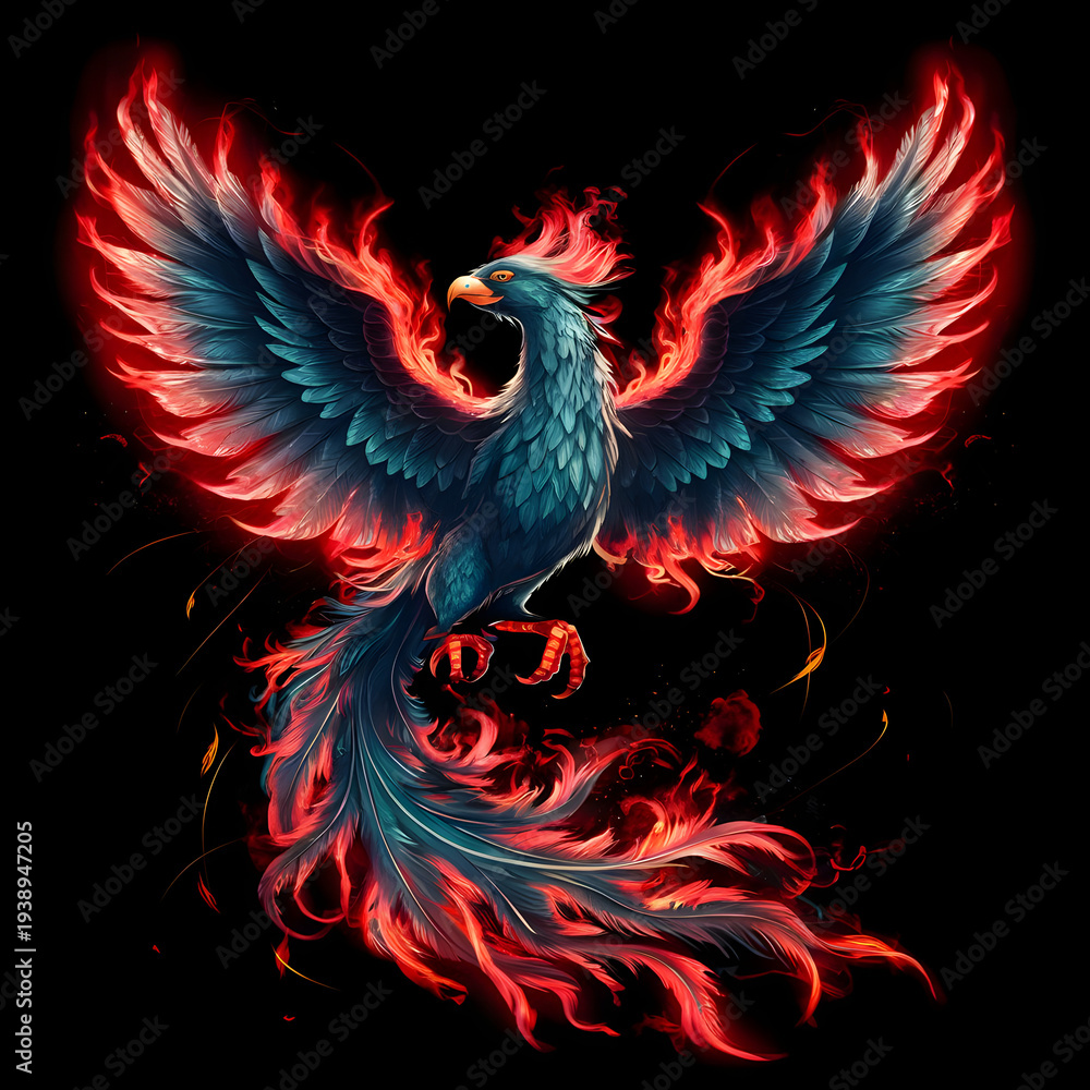 Obraz premium Vibrant Phoenix Illustration with Fiery Teal Wings