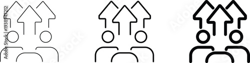 Outline icon set showing three stylized people figures with individual upward arrows, symbolizing collective growth, progress, or team performance.