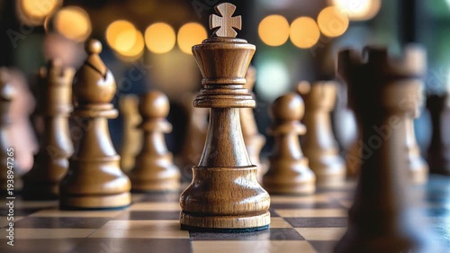 Chess pieces are arranged on a wooden board with a focus on the king piece in a well-lit room during an indoor gathering