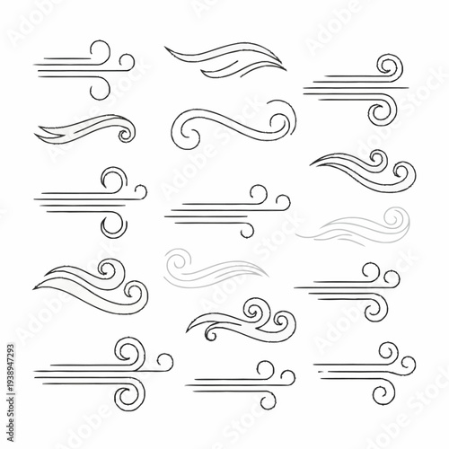 Set of hand drawn wind and air flow doodle illustrations.