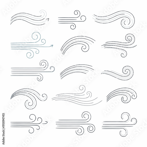 Set of Hand-Drawn Wind and Air Flow Lines.