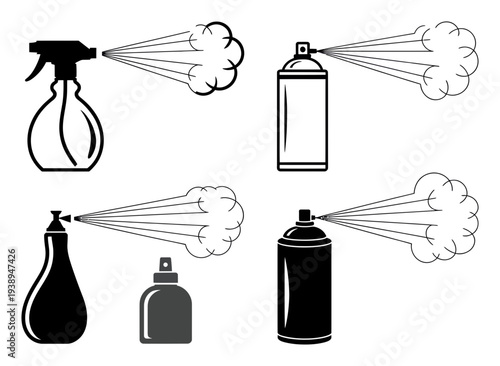 Collection of Spray Bottles and Cans Emitting Mist