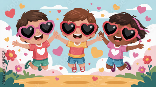 Three diverse children wearing heart shaped sunglasses jumping happily outdoors on a sunny day with flowers and hearts