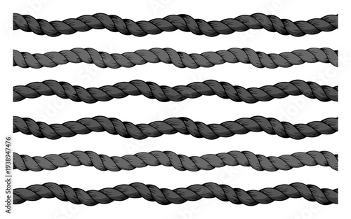Five Rows of Thick, Braided Gray Rope on a White Background