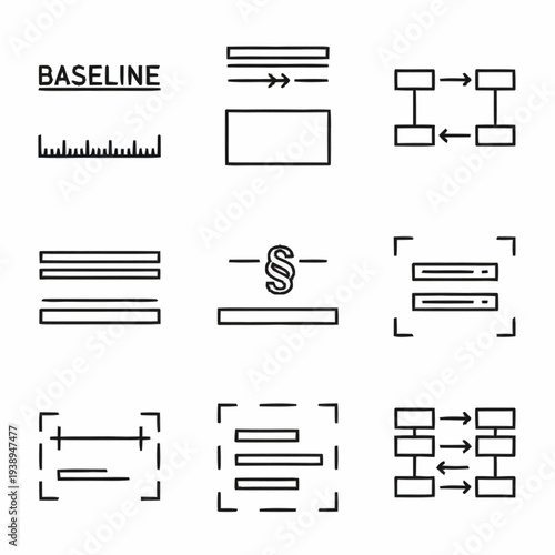Set of nine line icons representing various text and layout formatting options.