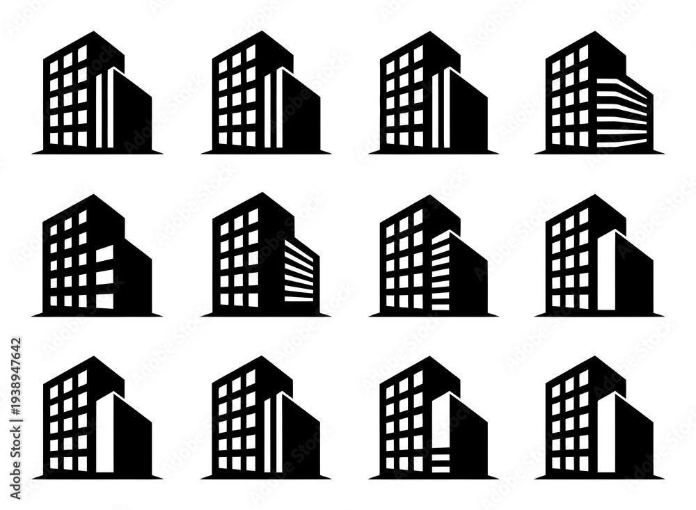 Fototapeta premium Set of Modern Building Silhouette Vector Illustrations