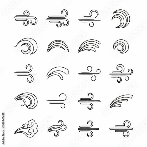 Set of various wind and air current line icons.