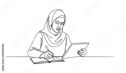 Continuous one line drawing Muslim business woman using digital tablet and writing work plan vector illustration
