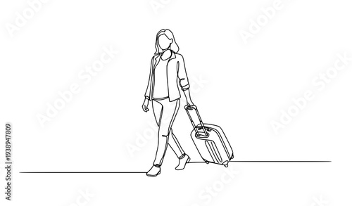 One continuous line drawing female tourist walking with suitcase travel outline vector illustration
