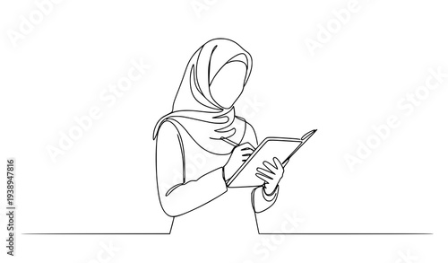 Minimal continuous line art Muslim businesswoman with tablet and notebook planning work vector illustration